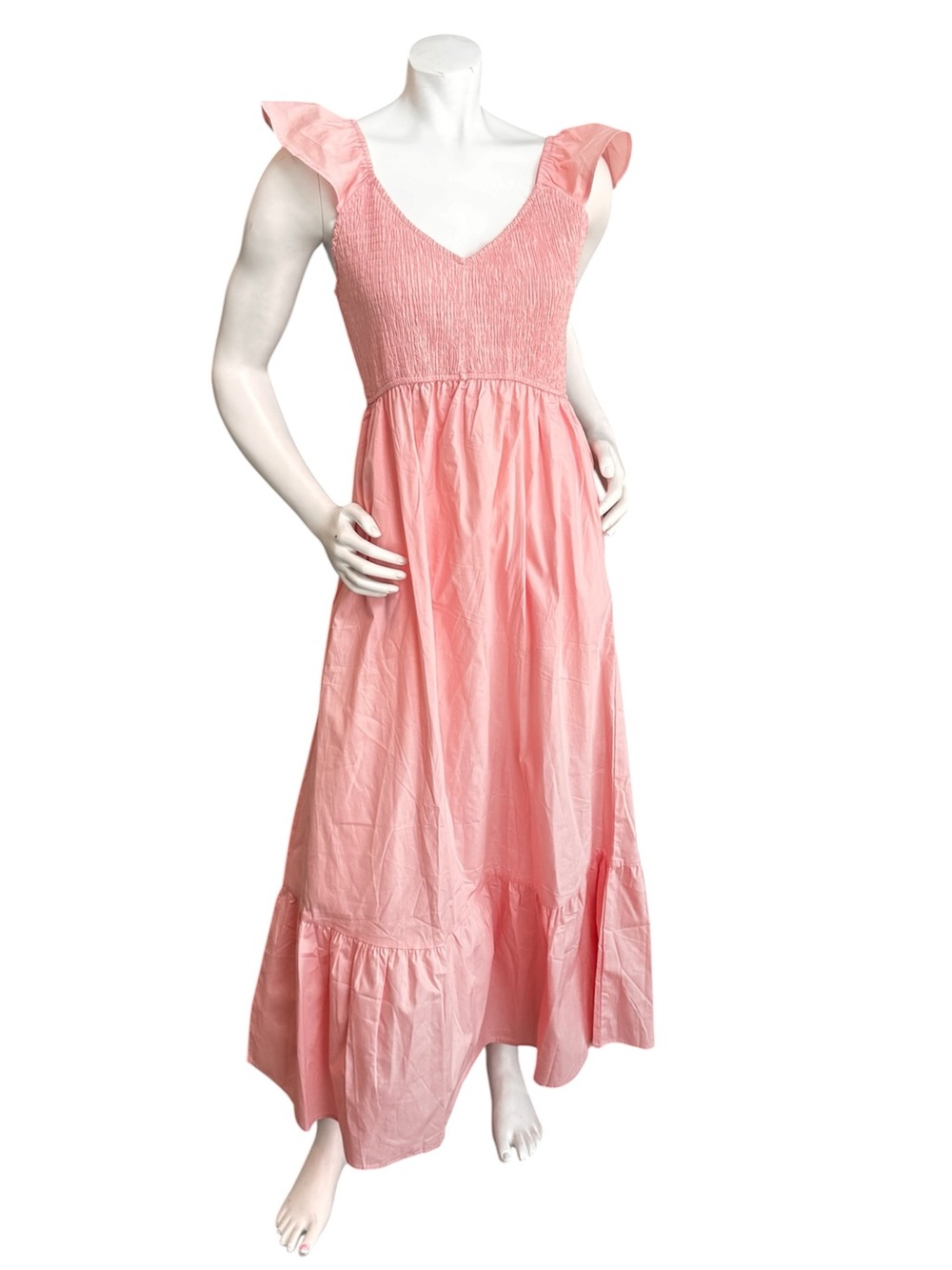 Ablea Story - V-Neck Ruffle Cap Sleeved Smocked Maxi Dress - Size Medium